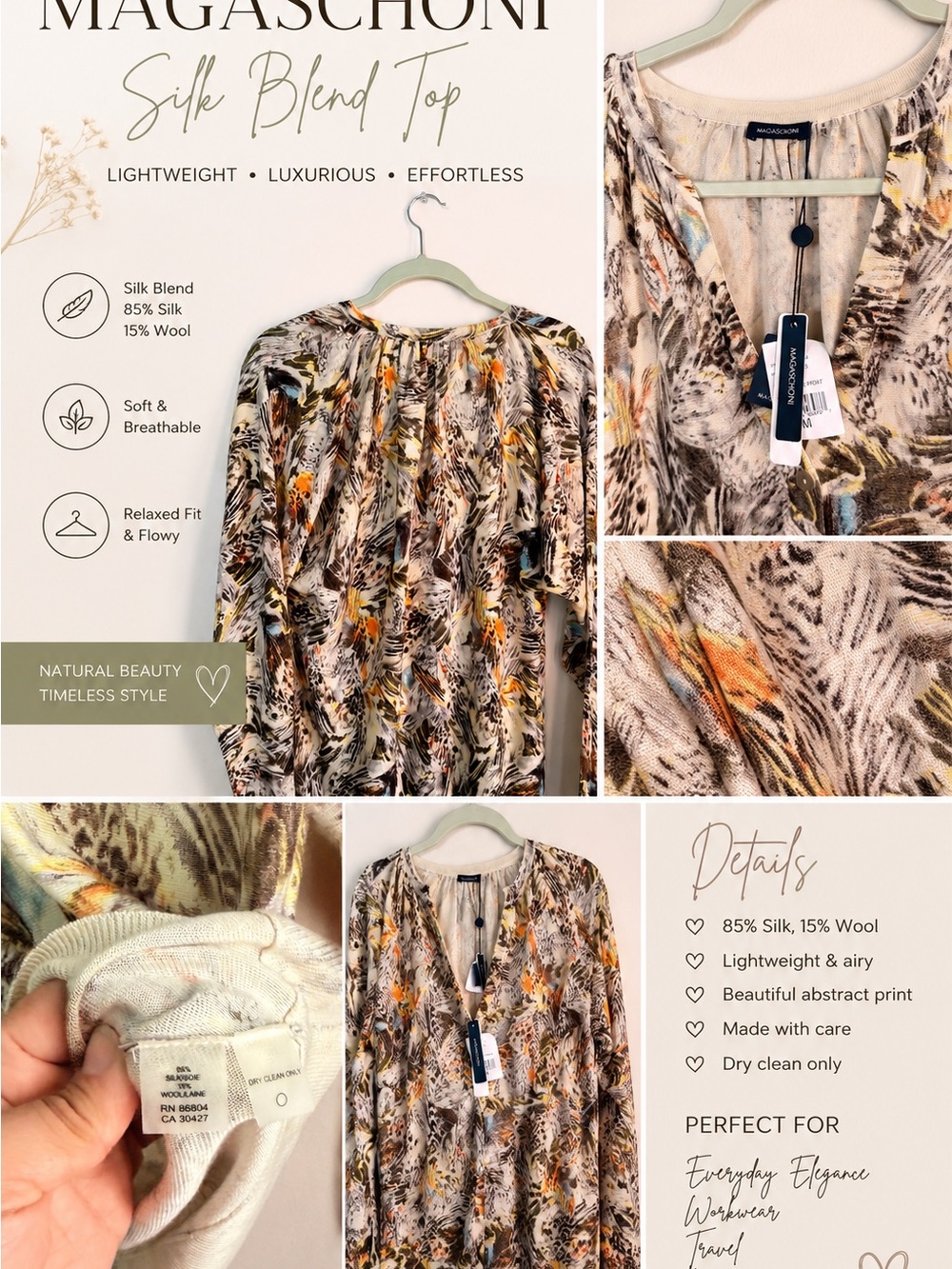 Magaschoni Silk, Wool blend feather hand printed
